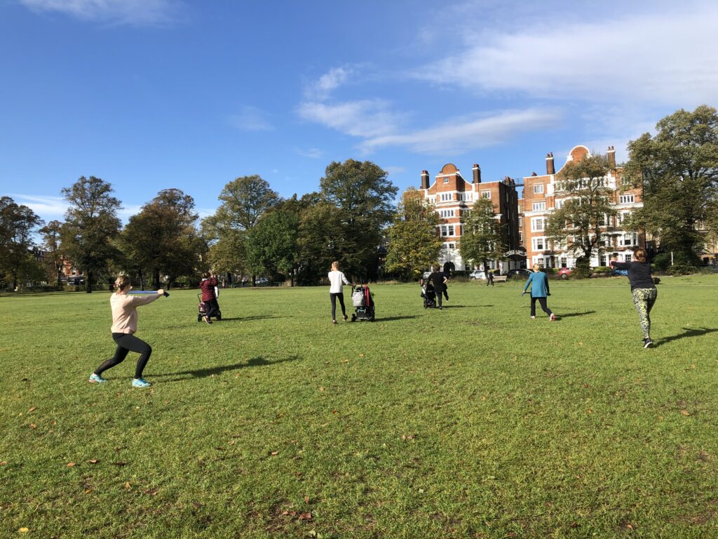 Outdoor Buggyfit class for mums and babies on Turnham Green, Chiswick.